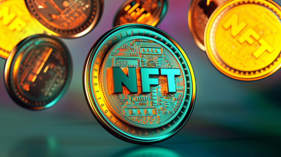 NFT non fungible token golden coins falling. Trendy cryptocurrencies and coins on the blockchain technology. Close up view of crypto money in 3D rendering