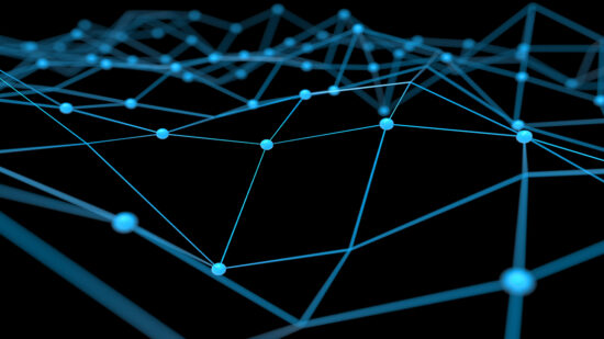 Blockchain network , Machine learning , deep learning and neural networks concept. Blue Distributed connection atom with black background , 3d rendering