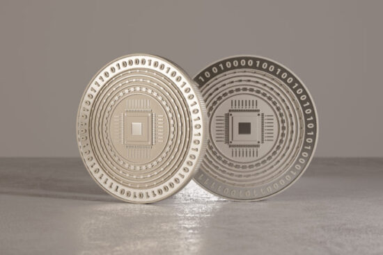 Silver digital crypto-currency coins standing on metal floor