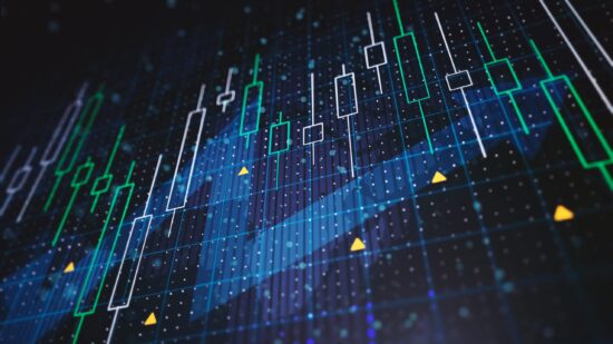 Abstract financial charts with upward arrow on a blue background. 3D Rendering
