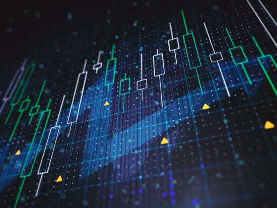 Abstract financial charts with upward arrow on a blue background. 3D Rendering