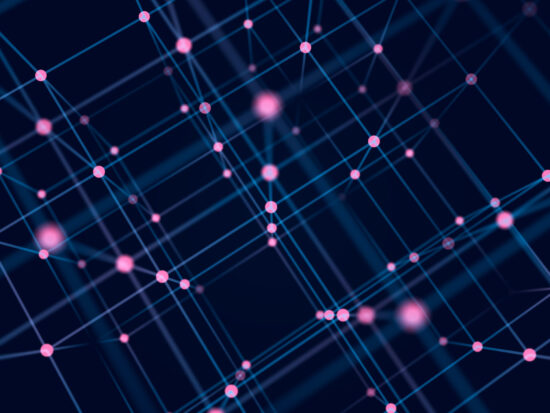 Digital blockchain concept. Data storage in separate cells. Abstract background with dots and connection lines. 3D